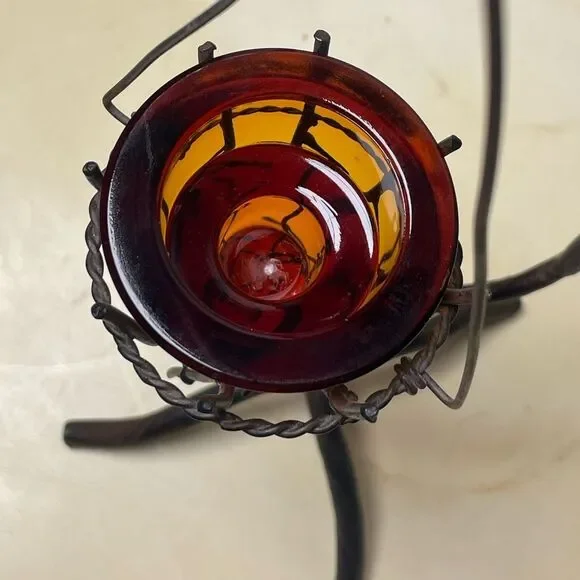 Vintage Mid Century Modern Wrought Iron Tree w/Amber Glass Cone Candle Holder - Picture 3 of 11